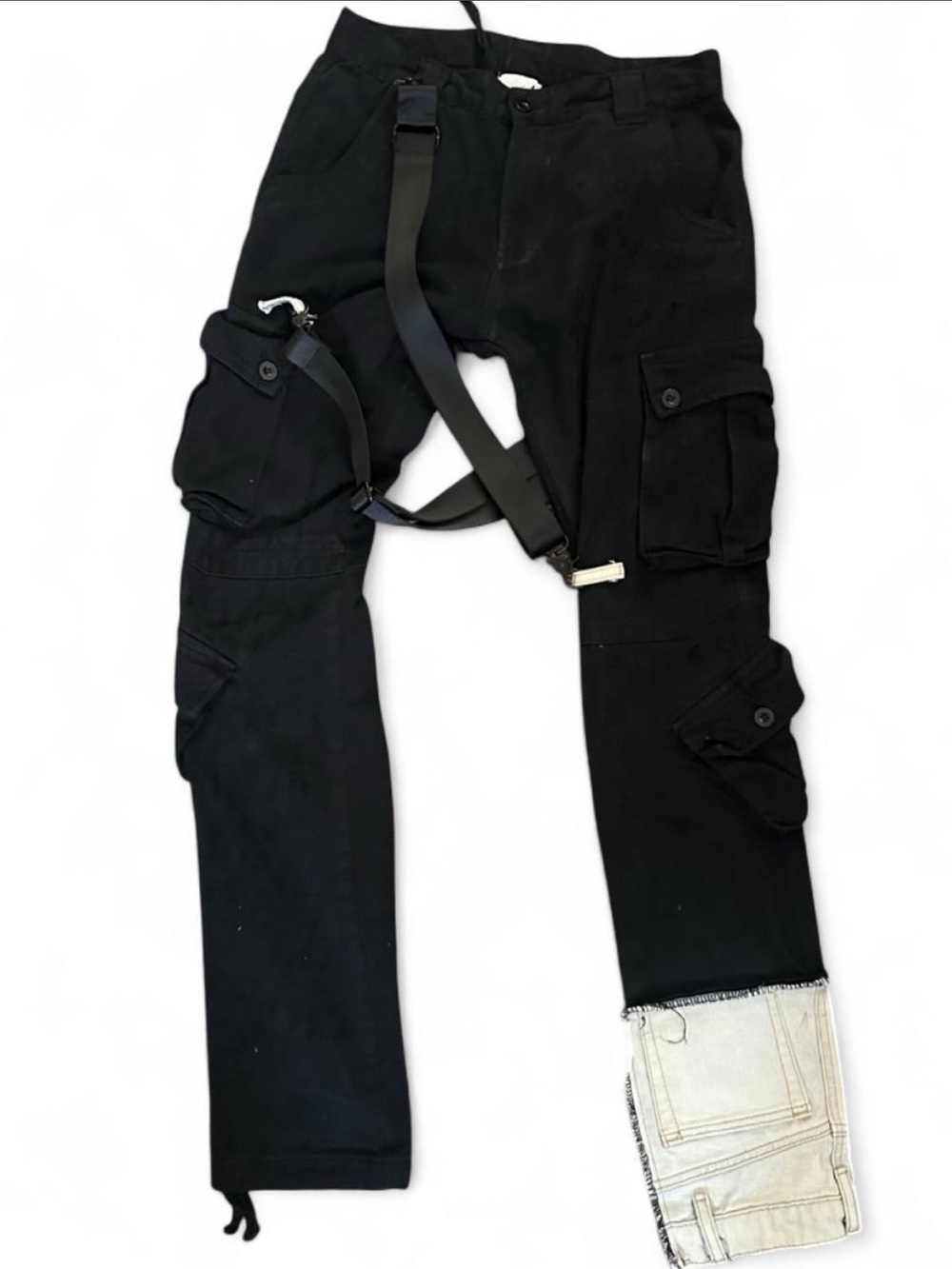 MNML Men's Streetwear Faded Black Cargo Pants with Denim Hem Removable Strap